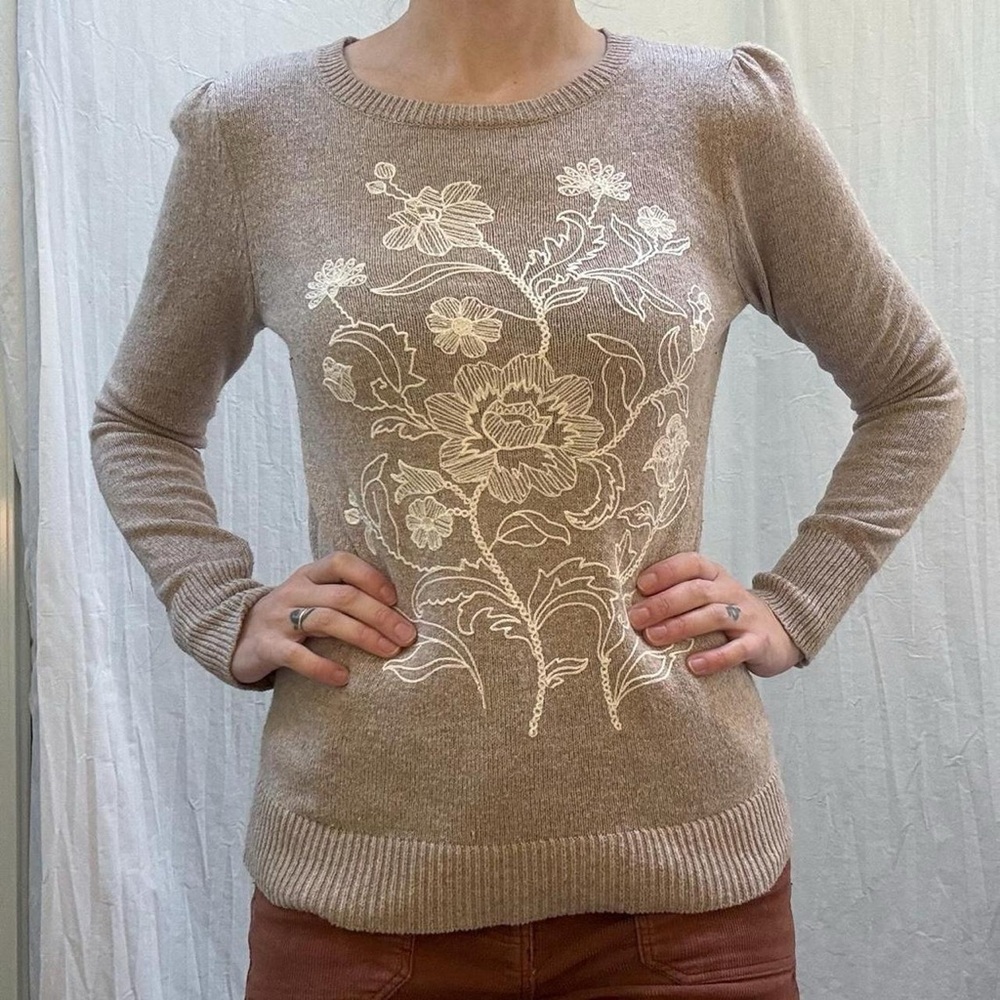 Floral Embroidered Tan Sweater Wool Cotton Blend - Picture 2 of 8